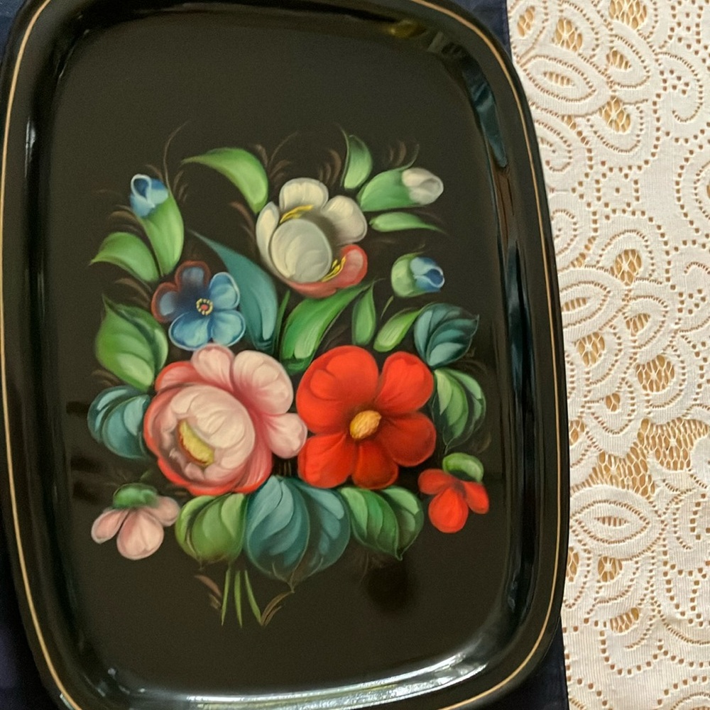 Floral Painted Lacquer Black Tray